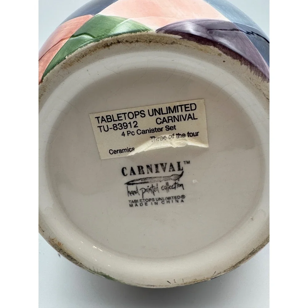 Tabletops Unlimited Carnival Ceramic‎ Canister and Salt Pepper Shakers Set 3pc